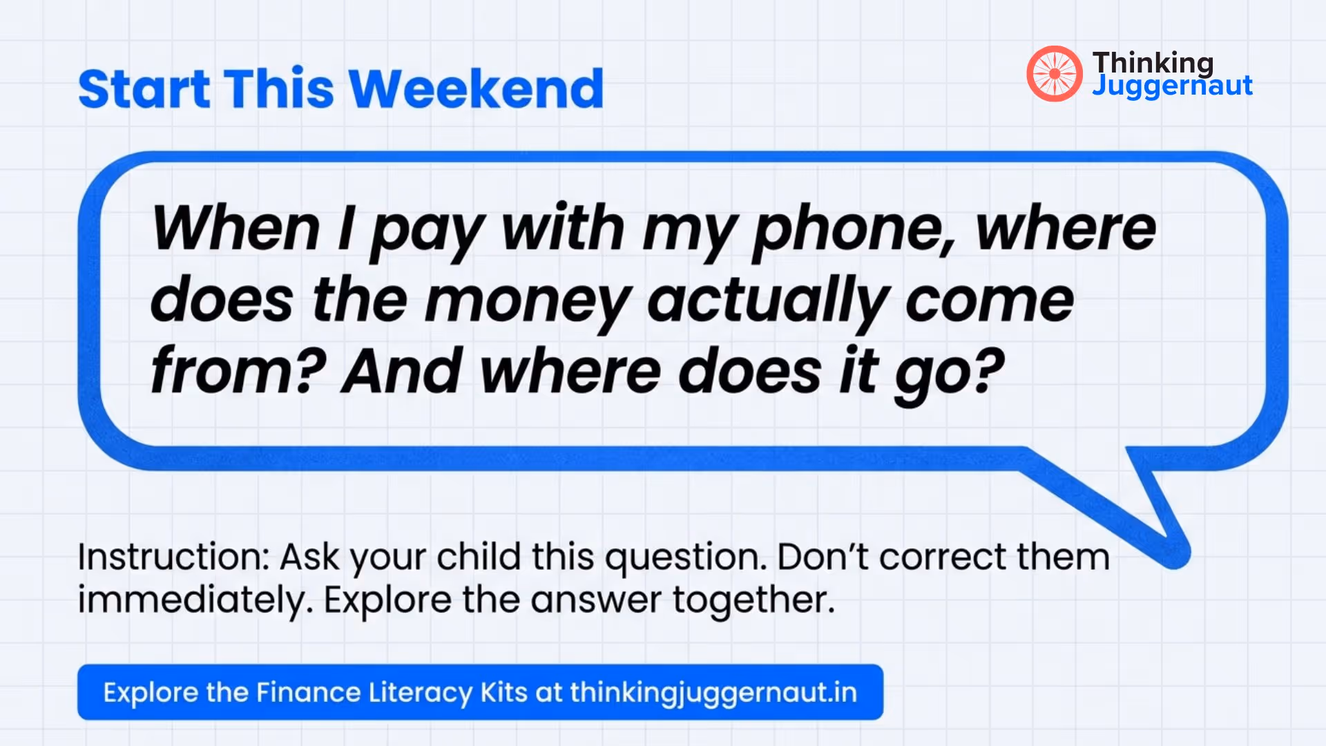 Text bubble asks, 'When I pay with my phone, where does the money actually come from? And where does it go?' with instructions to ask children this question and explore answers together, promoting finance literacy kits from Thinking Juggernaut.