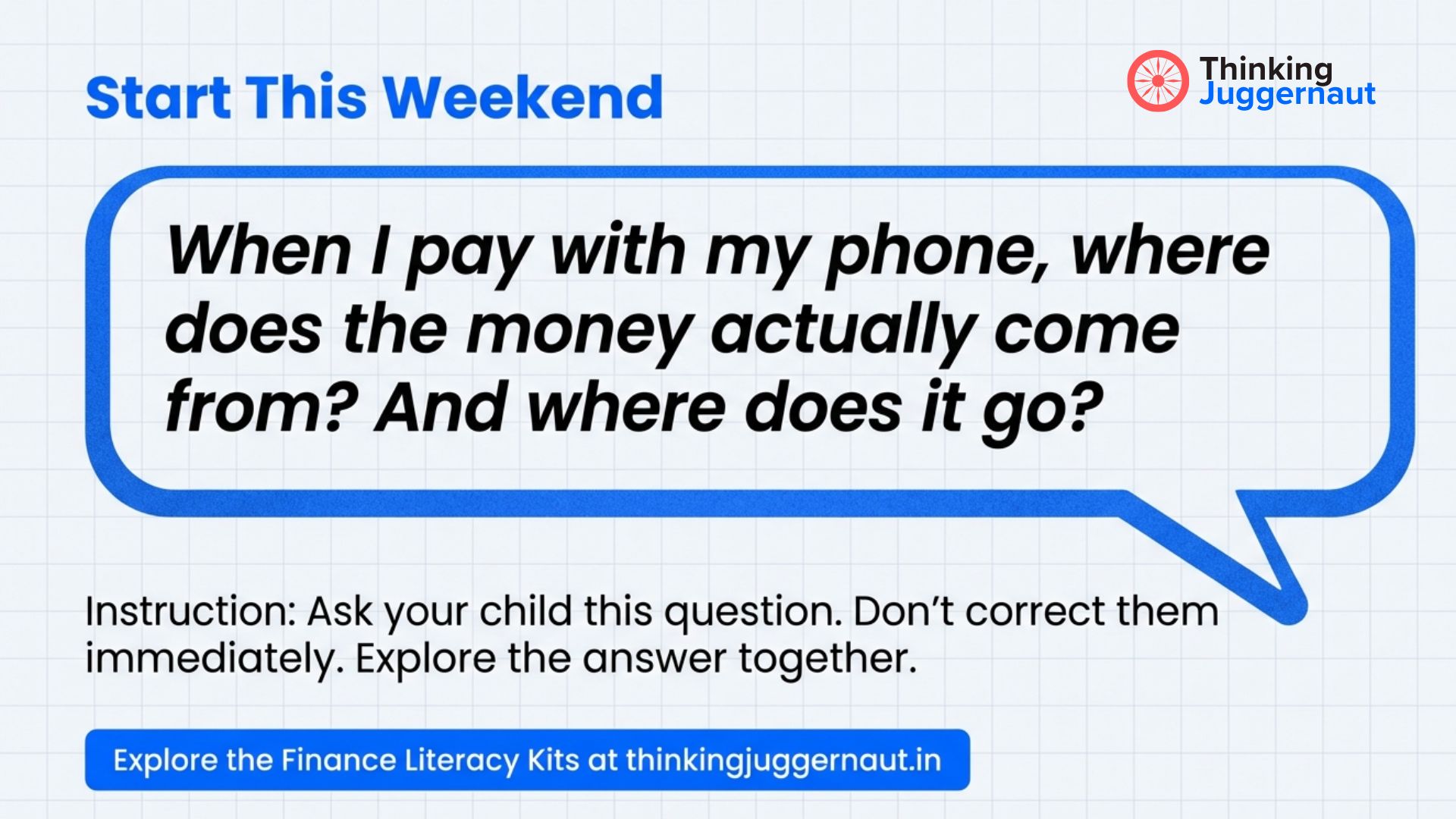 Text bubble asks, 'When I pay with my phone, where does the money actually come from? And where does it go?' with instructions to ask children this question and explore answers together, promoting finance literacy kits from Thinking Juggernaut.