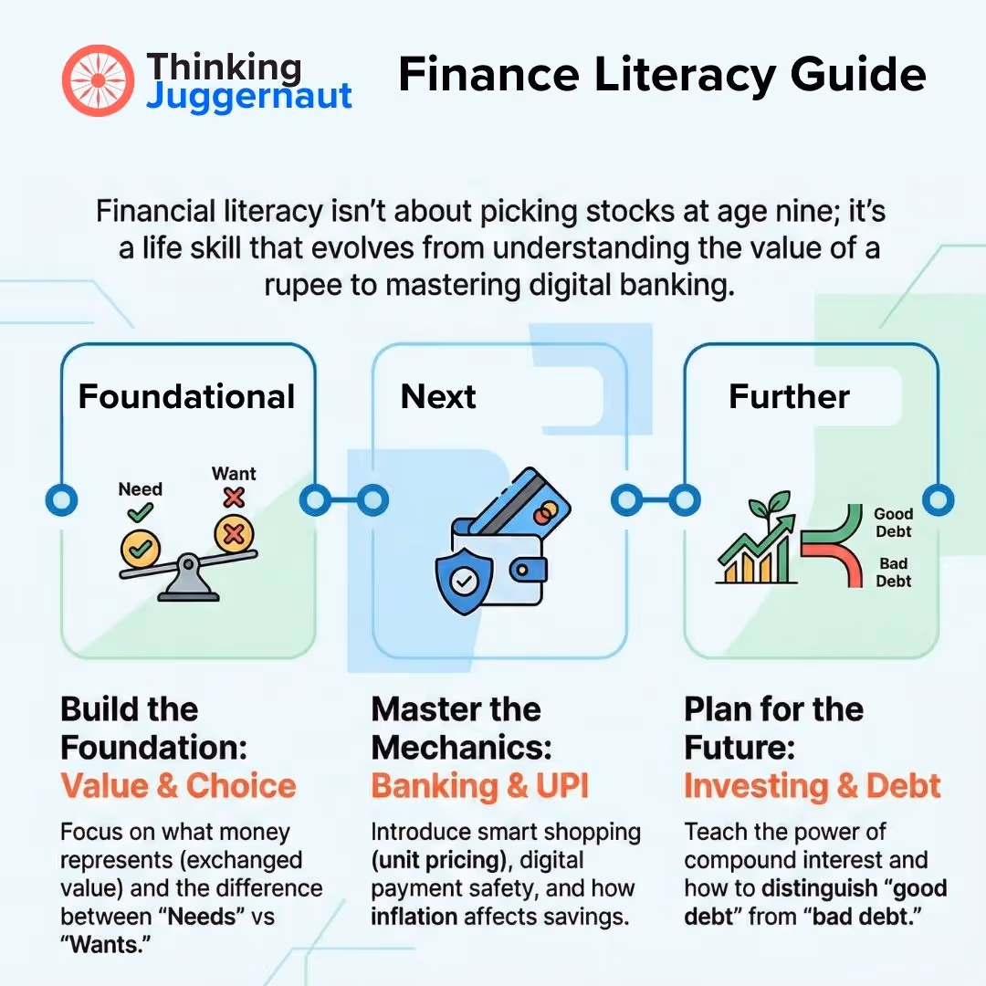 Finance Literacy Guide by Thinking Juggernaut outlining three stages: Foundational (value and choice between needs and wants), Next (banking and UPI with focus on payment safety and inflation), and Further (investing and debt, distinguishing good and bad debt).