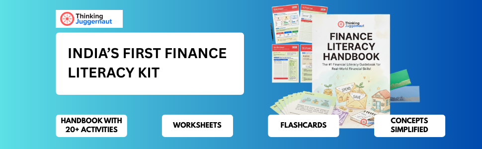 Banner showcasing India’s first finance literacy kit including a handbook, worksheets, flashcards, and concept simplification tools against a blue gradient background.