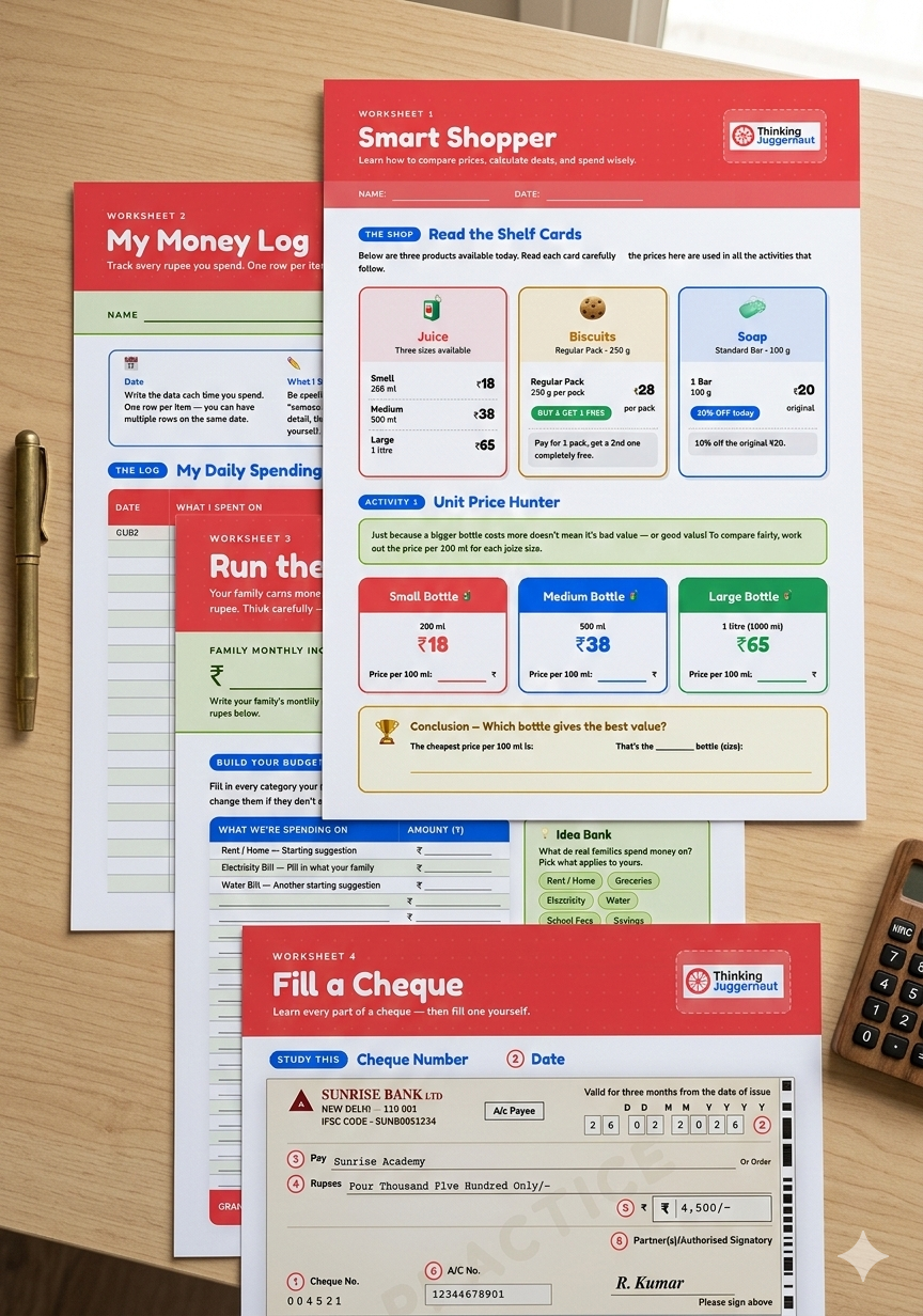Three colorful educational worksheets on financial literacy about smart shopping, money log, and filling a cheque, placed on a wooden desk with a pen and calculator.