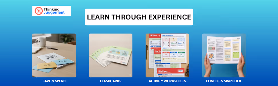 Four learning tools under the headline 'Learn Through Experience' featuring save & spend notes with a cup, illustrated flashcards on saving, colorful activity worksheets, and hands holding a concept booklet.