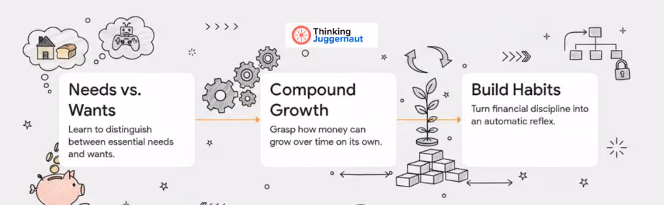 Illustration showing financial literacy concepts: Needs vs. Wants, Compound Growth, and Build Habits with associated icons and short explanatory text.