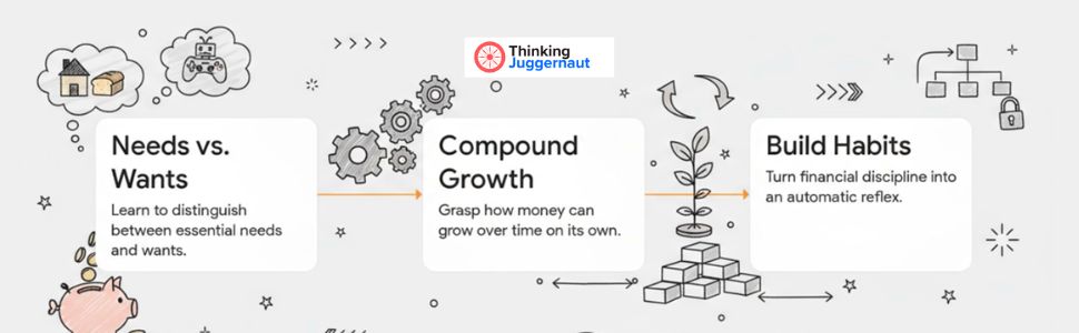 Illustration showing financial literacy concepts: Needs vs. Wants, Compound Growth, and Build Habits with associated icons and short explanatory text.