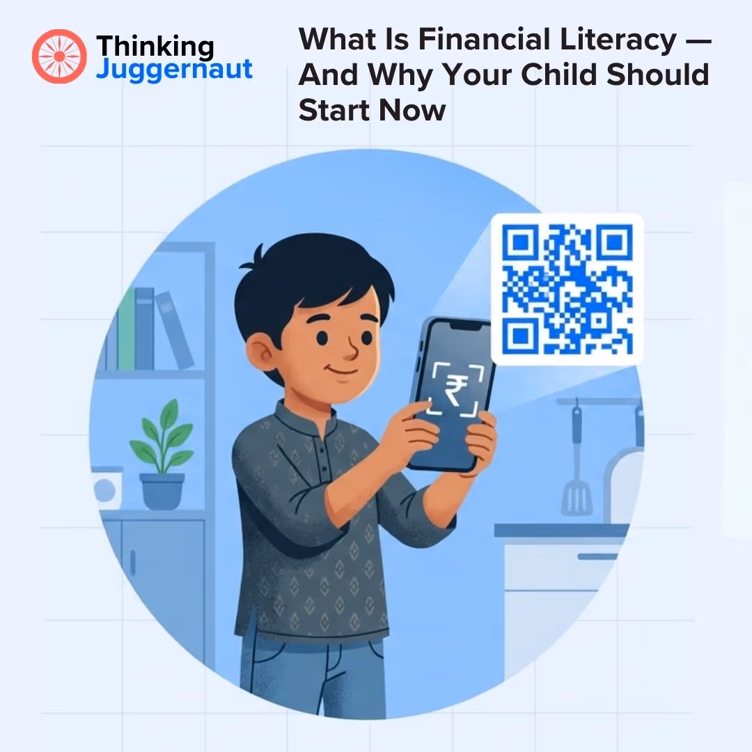 Illustration of a boy holding a smartphone with a rupee symbol, next to a QR code, with text about financial literacy for children.