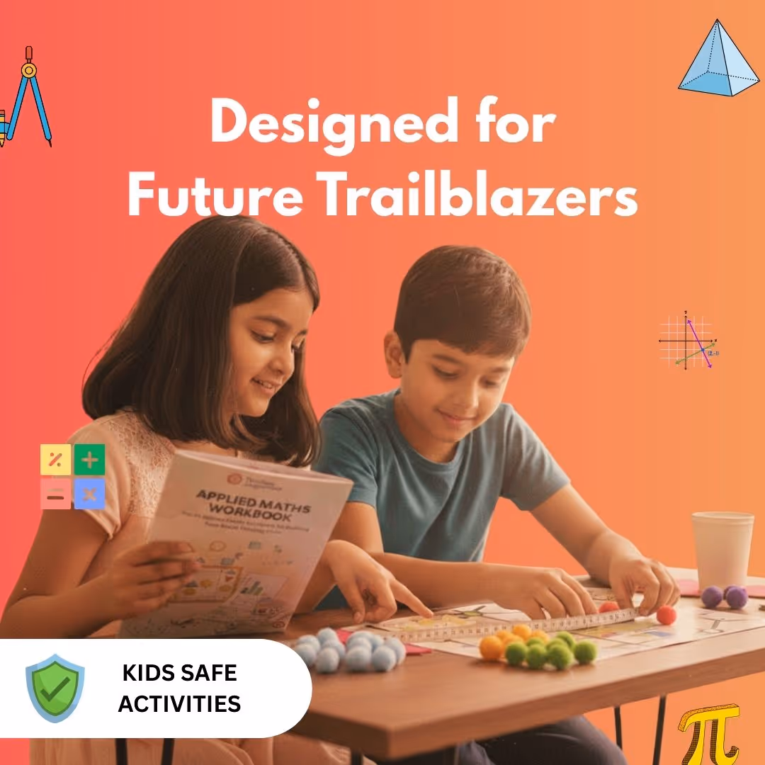 Two smiling children, a girl holding an applied maths workbook and a boy measuring with a ruler, engaged in a math activity at a table.