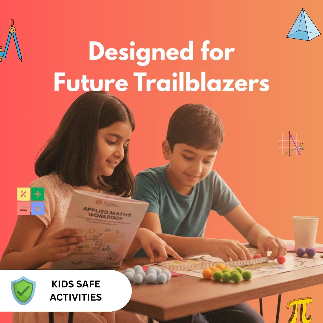 Two children engaged in a math activity using an applied maths workbook and colorful counting balls on a table.