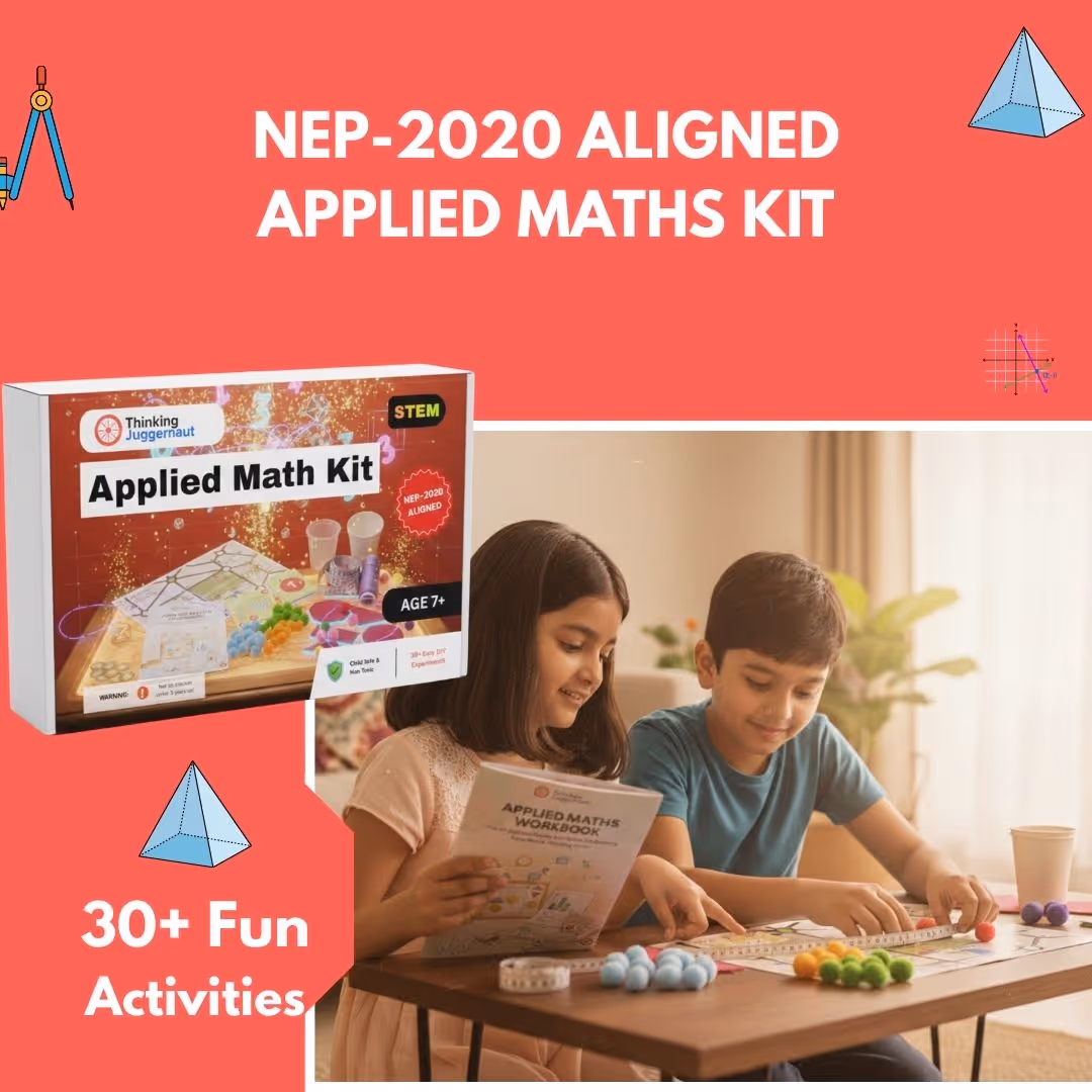 Two children sitting at a table using an applied math kit with colorful counting balls and a workbook, promoting NEP-2020 aligned STEM learning with 30+ fun activities.