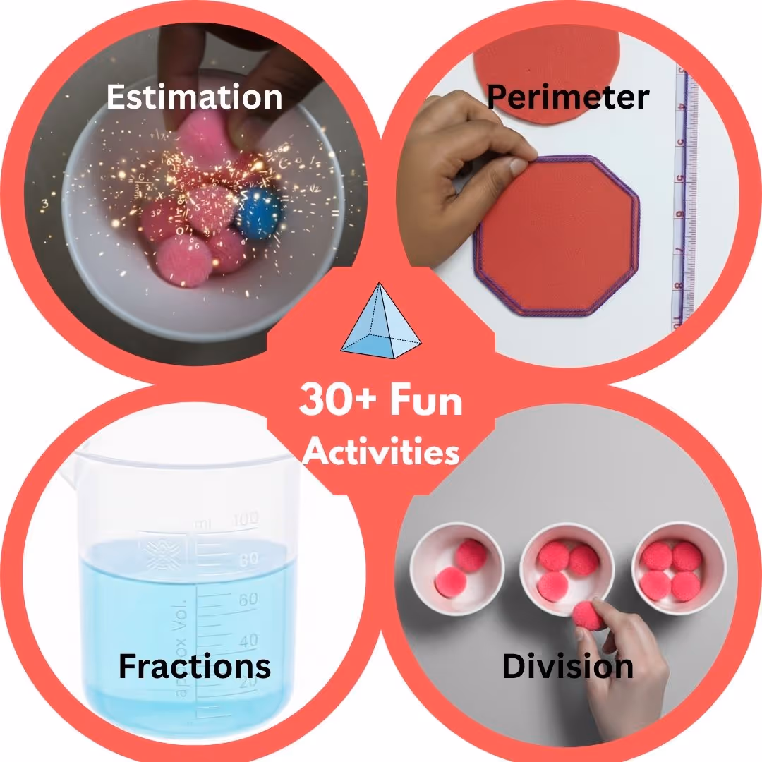 Four circular images depicting math activities: estimating pom-poms in a bowl, measuring the perimeter of a red octagon, measuring blue liquid in a beaker for fractions, and dividing pink pom-poms into cups, with '30+ Fun Activities' text in the center.