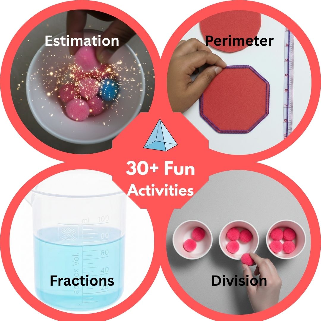 Four circular images depicting math activities: estimating pom-poms in a bowl, measuring the perimeter of a red octagon, measuring blue liquid in a beaker for fractions, and dividing pink pom-poms into cups, with '30+ Fun Activities' text in the center.