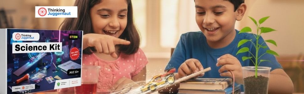 Two children engaged in a science activity with a plant and a Thinking Juggernaut Science Kit box nearby.