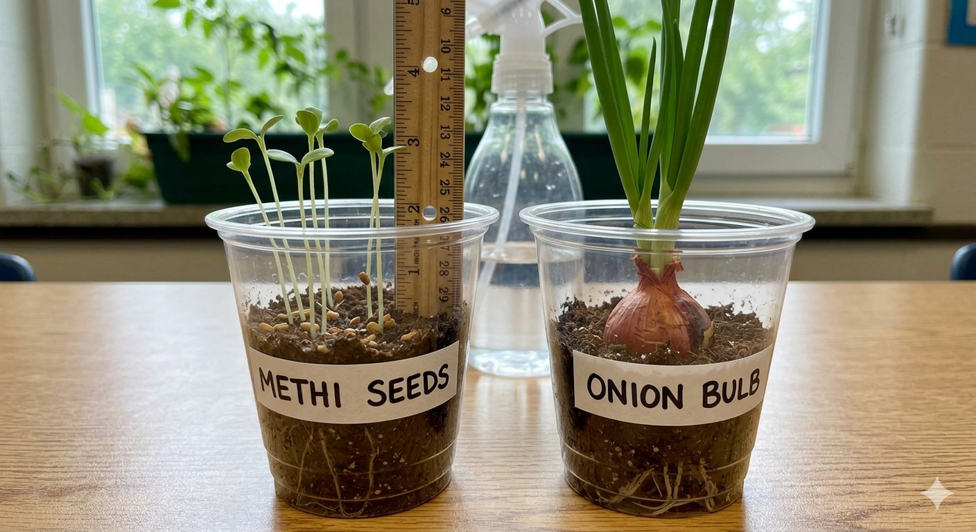 Two clear plastic cups on a wooden table labeled Methi Seeds with sprouted seedlings and Onion Bulb with green shoots, with a ruler measuring the seedling height.