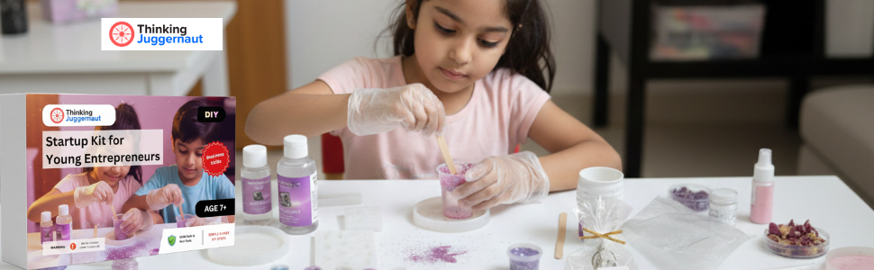 Young girl wearing gloves using a popsicle stick to mix purple craft materials from a cup, with a Thinking Juggernaut Startup Kit for Young Entrepreneurs DIY craft kit box displayed on the left.