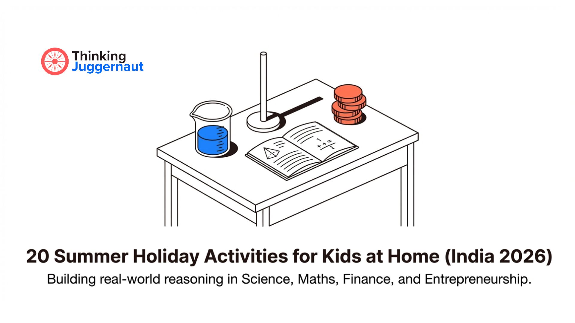 Illustration of a table with a beaker filled with blue liquid, a stand, an open book with math figures, and a stack of red coins, under the heading '20 Summer Holiday Activities for Kids at Home (India 2026)' emphasizing learning in Science, Maths, Finance, and Entrepreneurship.