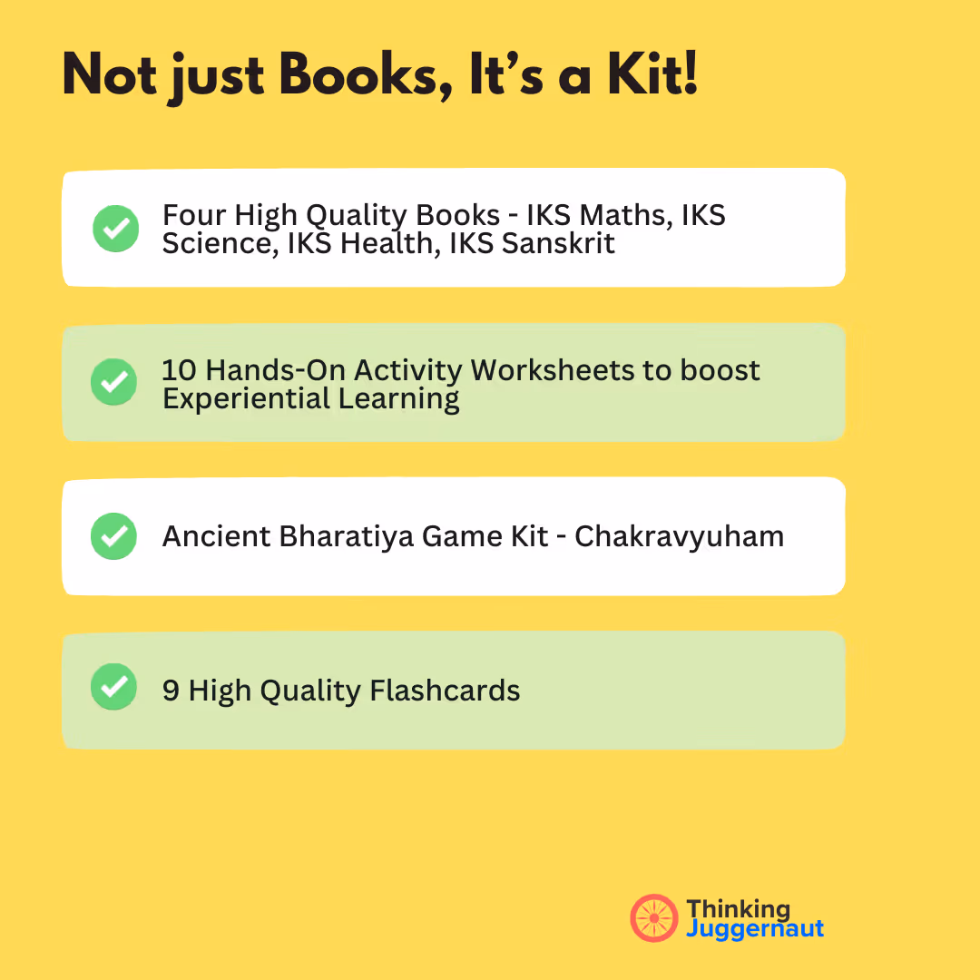 List of educational kit contents including four high quality books on IKS subjects, 10 hands-on activity worksheets, an ancient Bharatiya game kit called Chakravyuham, and 9 high quality flashcards on a yellow background.