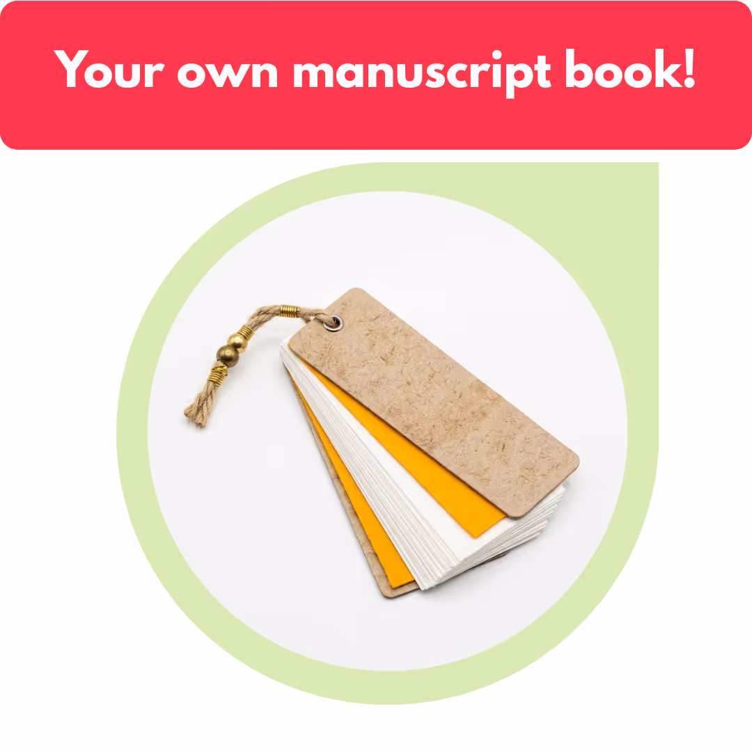 Set of small rectangular manuscript book pages with two yellow pages and a string with golden beads attached.
