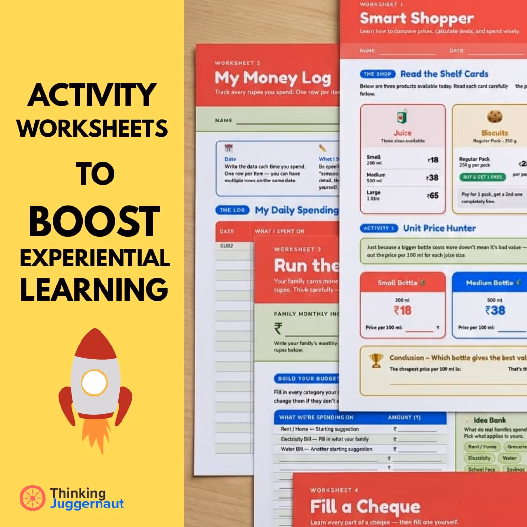 Finance worksheets titled My Money Log, Smart Shopper, Run the Budget, and Fill a Cheque alongside text 'Activity worksheets to boost experiential learning' with a rocket illustration and Thinking Juggernaut logo.