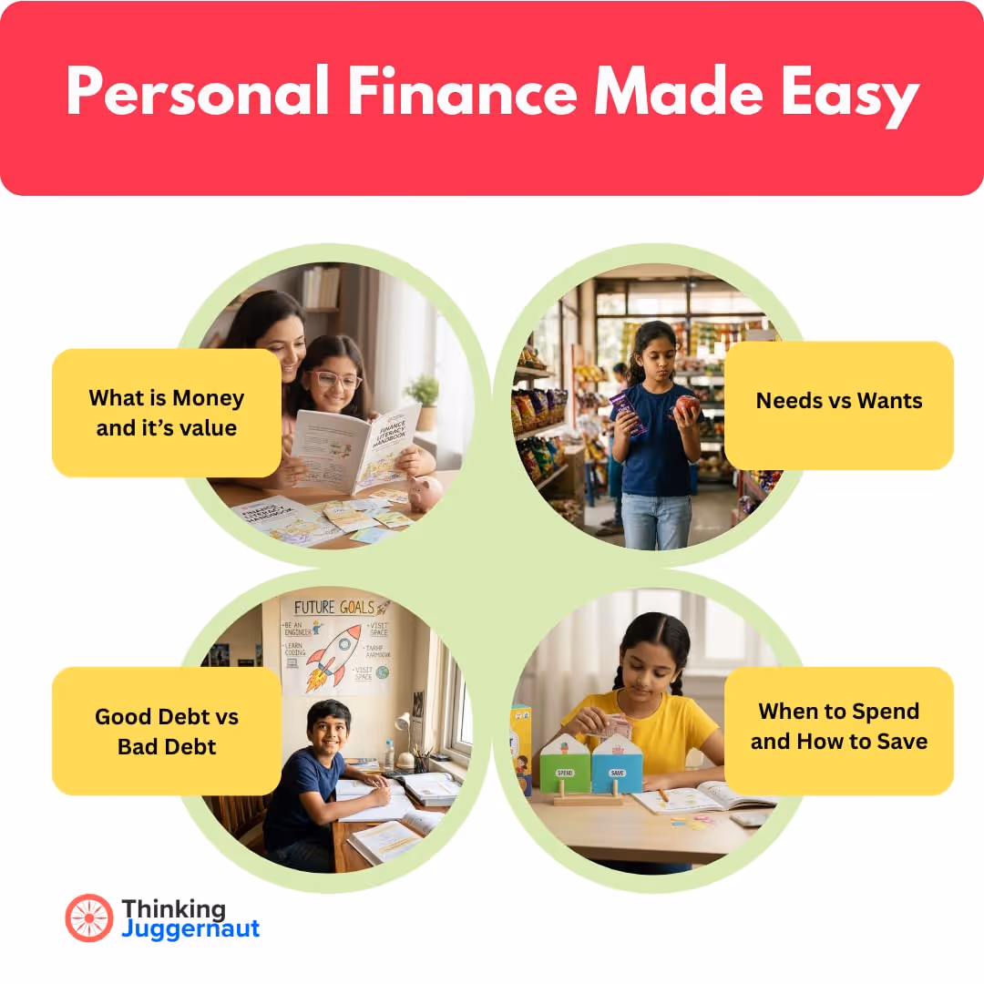 Four circular images illustrating personal finance concepts: a mother and daughter reading about money, a girl comparing products in a store, a boy studying good vs bad debt, and a girl managing spending and saving with labeled houses.