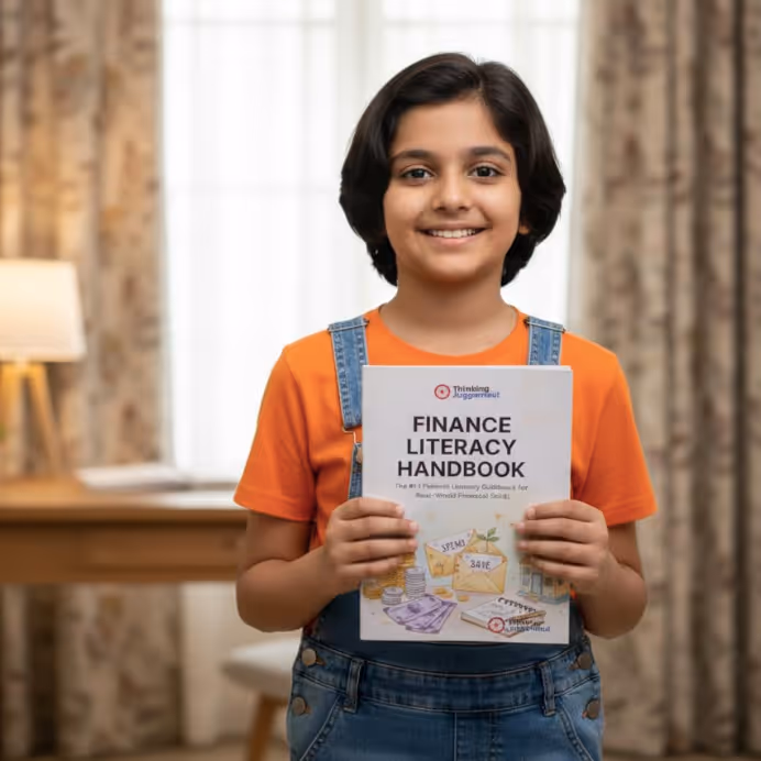 Smiling child wearing orange shirt and denim overalls holding a Finance Literacy Handbook in a warmly lit room.