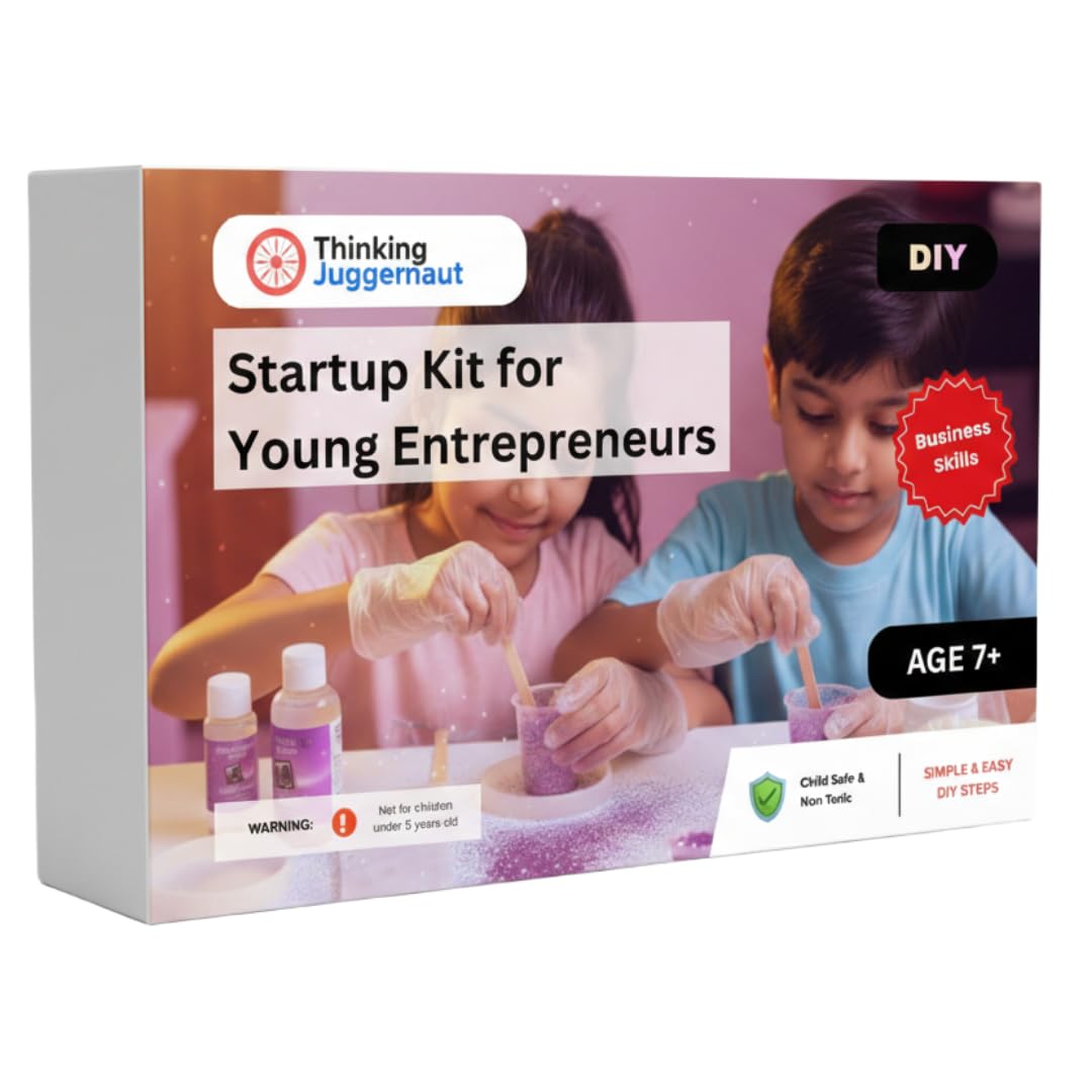 Box for Thinking Juggernaut Startup Kit for Young Entrepreneurs with image of two children mixing materials and labels indicating DIY, business skills, age 7+, and child-safe non-toxic ingredients.
