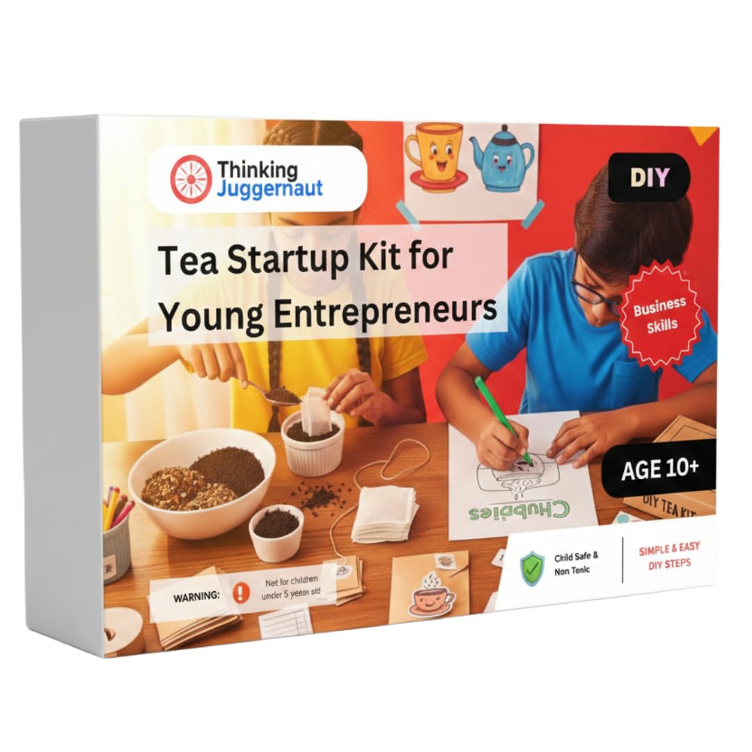 Tea Startup Kit box showing children preparing tea bags and drawing designs, labeled for young entrepreneurs age 10+ with DIY and business skills.