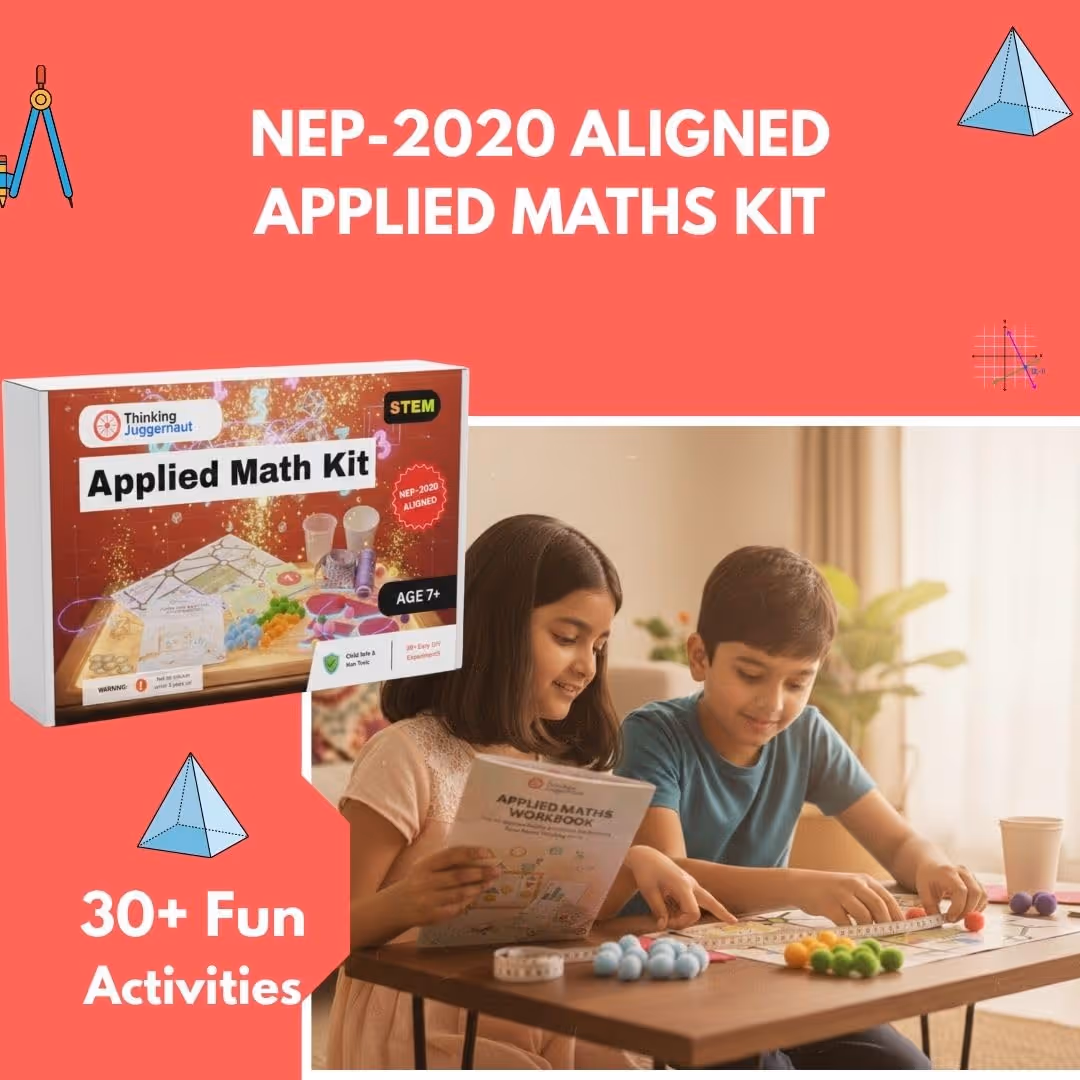 Two children using an Applied Maths Kit with colorful balls and a ruler while reading an Applied Maths Workbook, promoting 30+ fun activities.