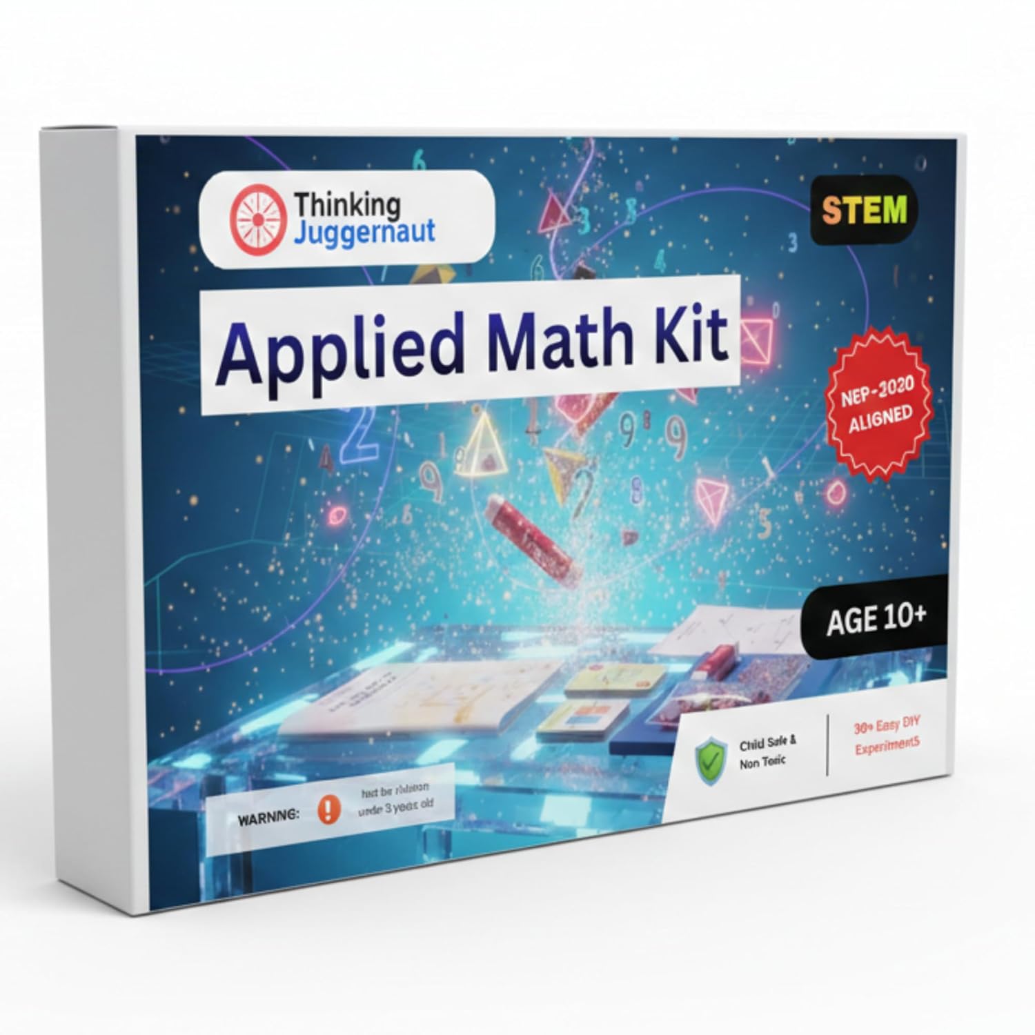 Thinking Juggernaut Applied Math Kit box with STEM and NEP-2020 aligned labels, for ages 10+, featuring 30+ easy DIY experiments.