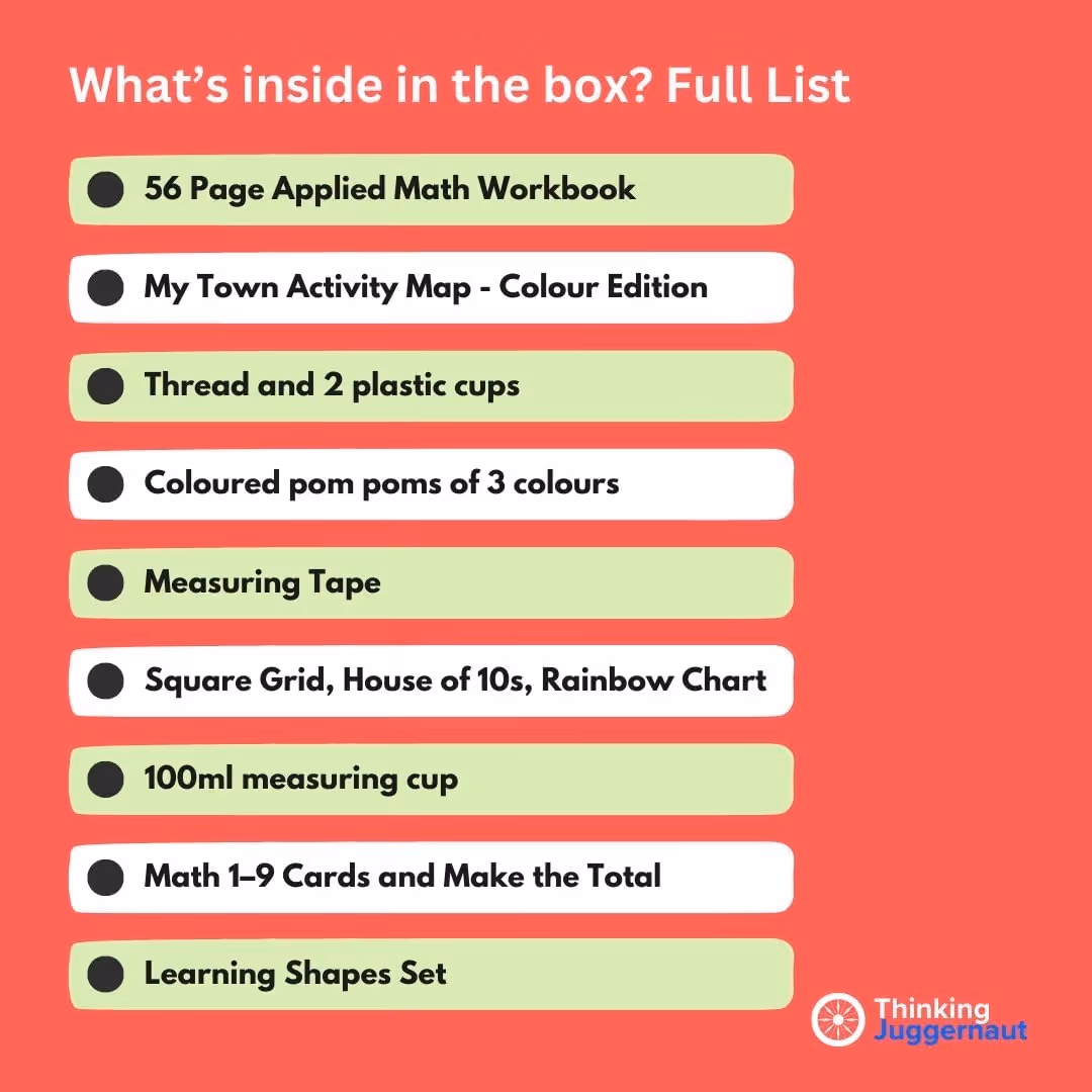 List titled 'What's inside in the box? Full List' showing educational items including a 56-page applied math workbook,Town activity map, thread and 2 plastic cups, coloured pom poms, measuring tape, square grid with House of 10s rainbow chart, 100ml measuring cup, math 1-9 cards, and a learning shapes set.