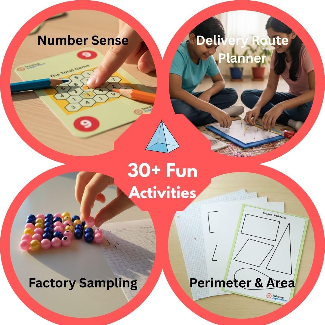 Four circular images showing educational activities: a finger pointing at a number puzzle for Number Sense, two children planning on paper for Delivery Route Planner, a hand placing colored beads for Factory Sampling, and worksheets with shapes for Perimeter & Area.