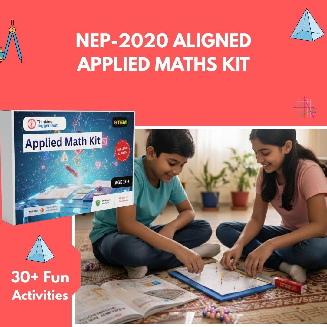 Two children sitting on a rug, engaged in a math activity with an Applied Math Kit; text reads NEP-2020 aligned Applied Maths Kit with 30+ fun activities.