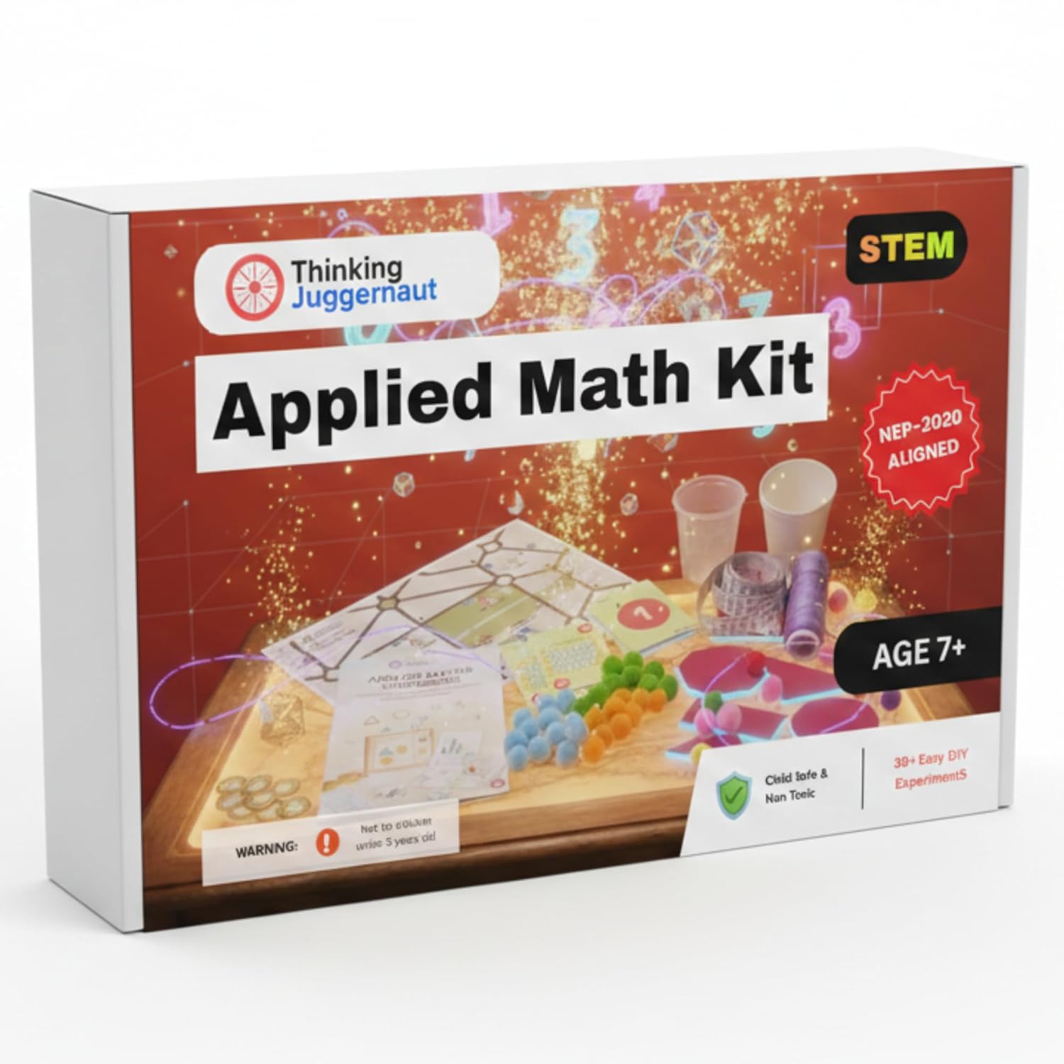 Thinking Juggernaut Applied Math Kit box showing STEM branding, age 7+ recommendation, and materials for math experiments.
