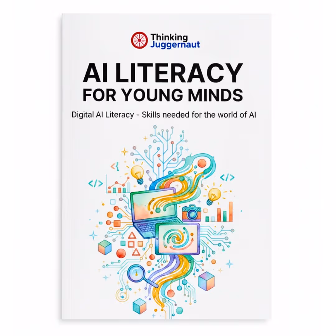 Book cover titled 'AI Literacy for Young Minds' by Thinking Juggernaut with colorful digital and AI-themed illustrations including a laptop, tablet, light bulbs, and abstract circuit patterns.