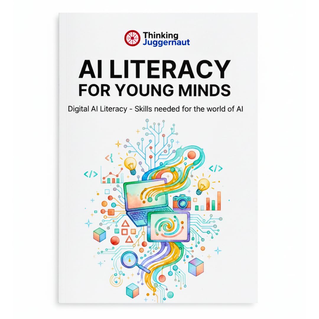 Book cover titled 'AI Literacy for Young Minds' by Thinking Juggernaut with colorful digital and AI-themed illustrations including a laptop, tablet, light bulbs, and abstract circuit patterns.