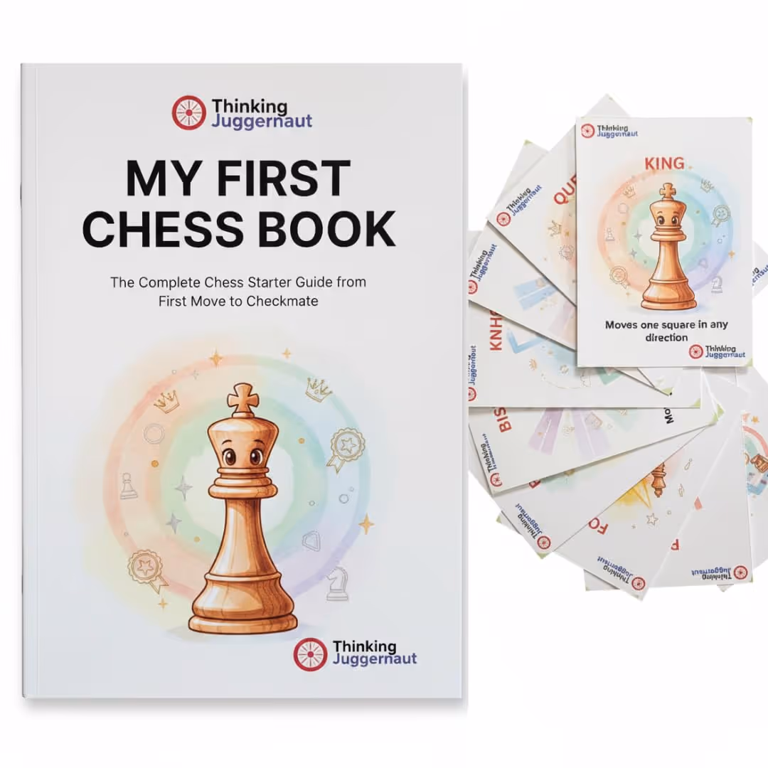 Cover of My First Chess Book with an illustrated chess king piece and a stack of illustrated chess cards showing moves and pieces.