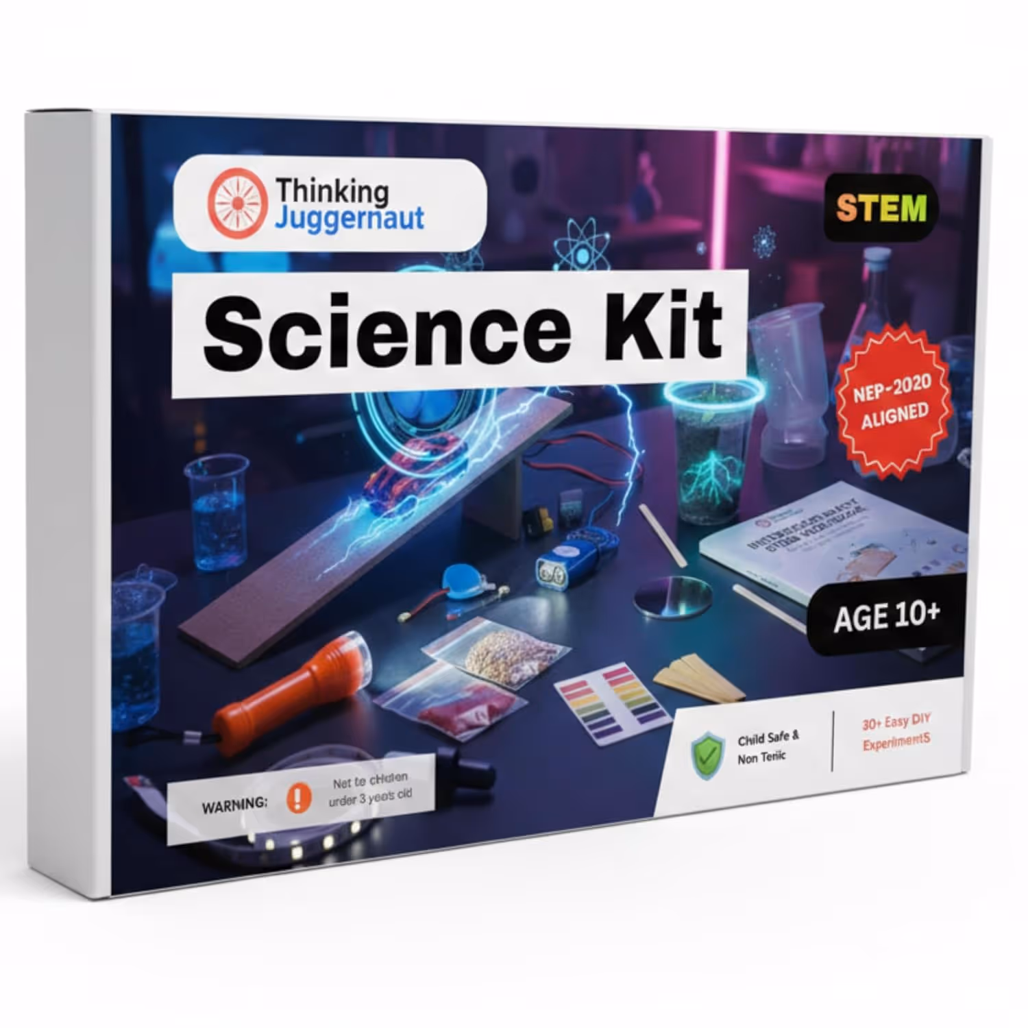 Thinking Juggernaut Science Kit box featuring tools and materials for STEM experiments, labeled for ages 10+ and NEP-2020 aligned.
