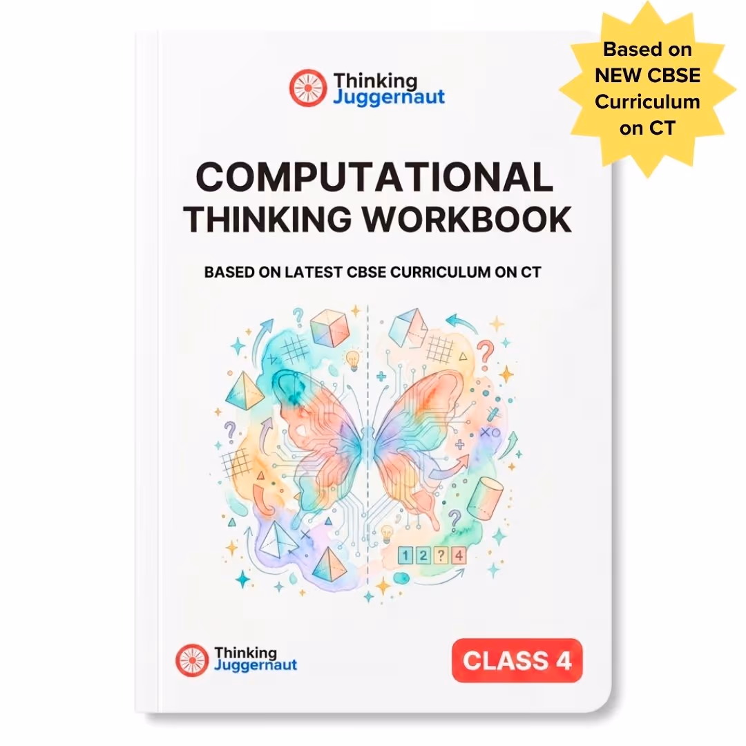 Cover of a Class 4 Computational Thinking Workbook by Thinking Juggernaut featuring a colorful butterfly with circuit patterns and geometric shapes.