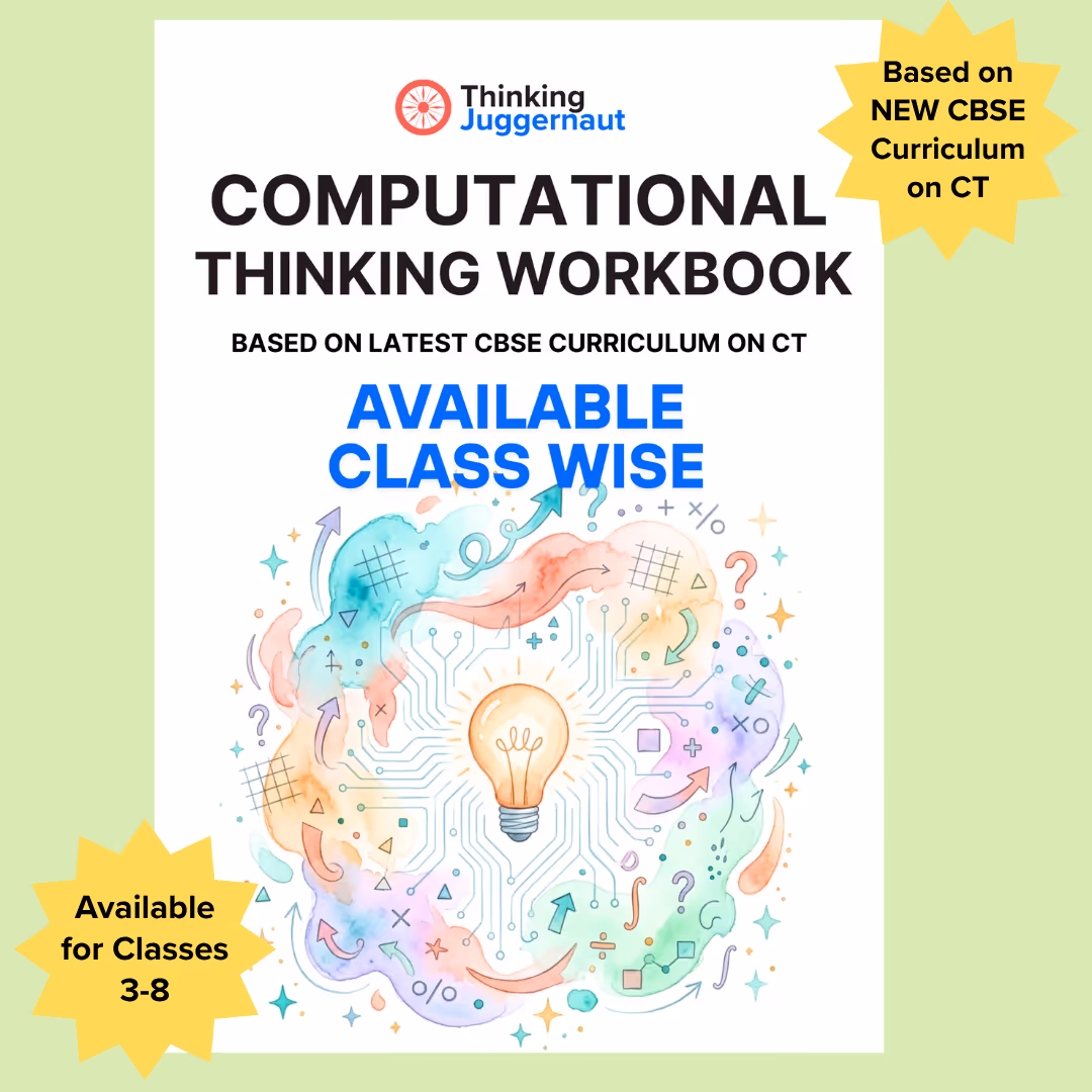 Cover of a Computational Thinking Workbook based on latest CBSE curriculum, available class wise for classes 3-8, with a colorful illustration of a light bulb surrounded by arrows and symbols.