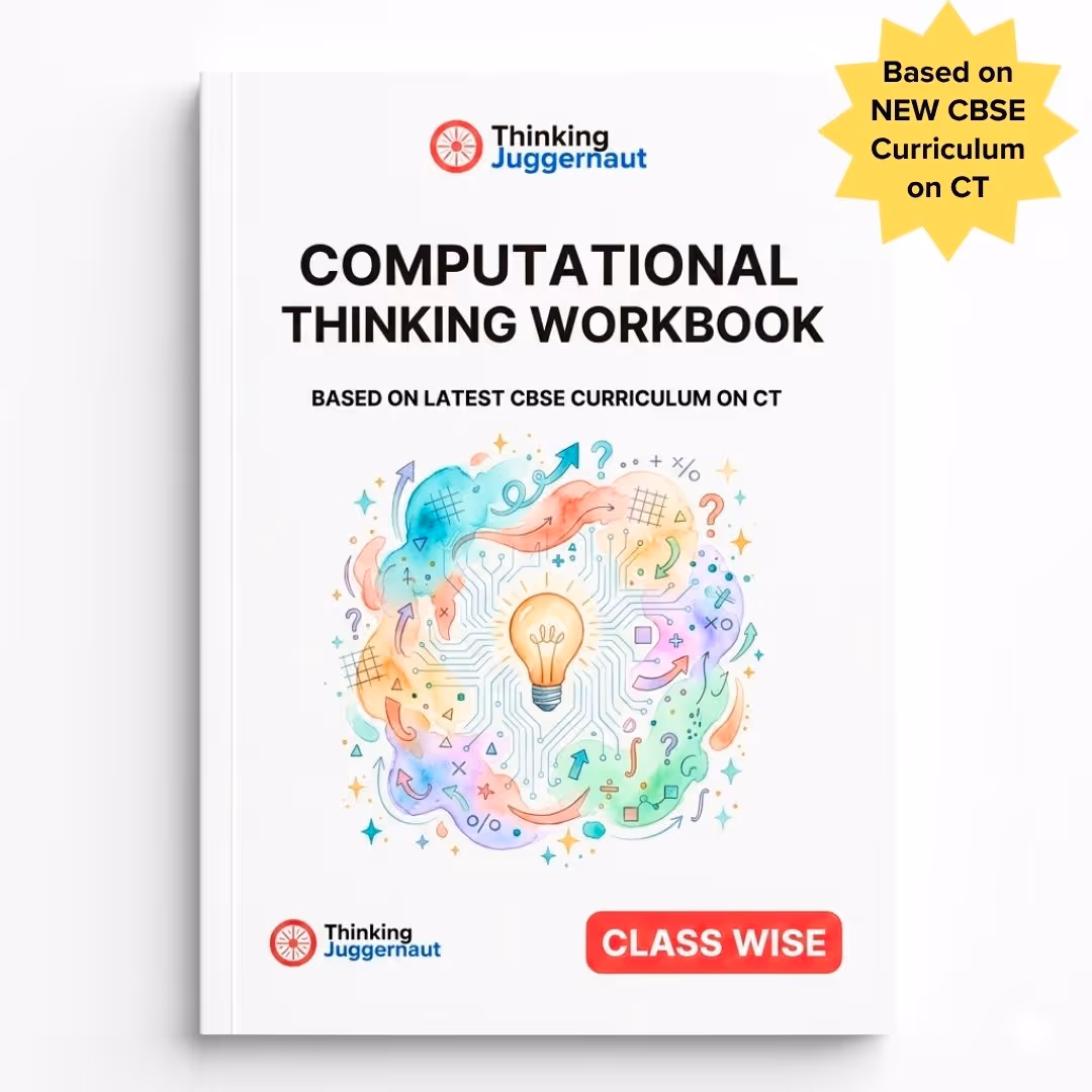 Cover of a Computational Thinking Workbook based on latest CBSE curriculum, available class wise for classes 3-8, with a colorful illustration of a light bulb surrounded by arrows and symbols.