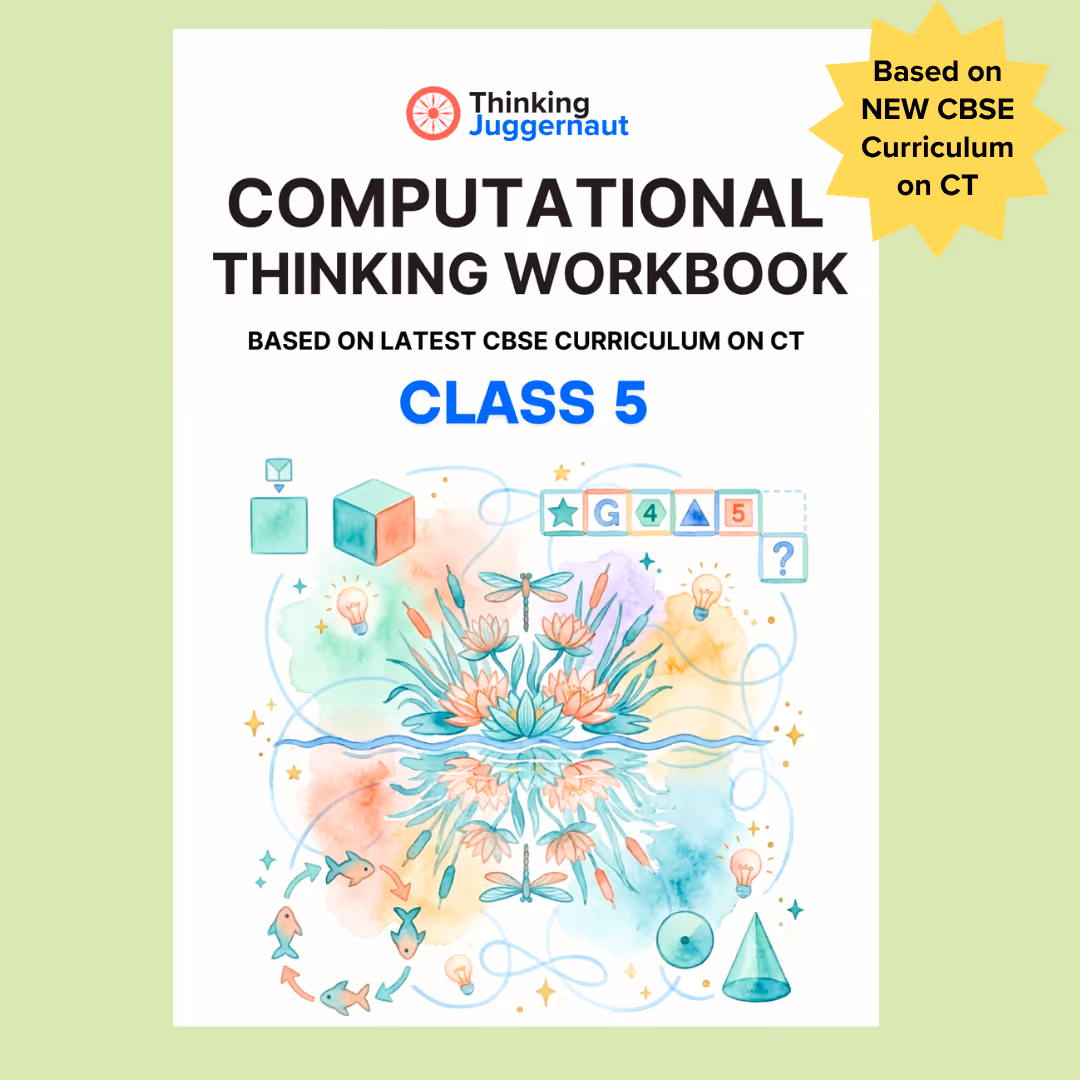 Cover of Class 5 Computational Thinking Workbook based on latest CBSE curriculum with floral and geometric illustrations.