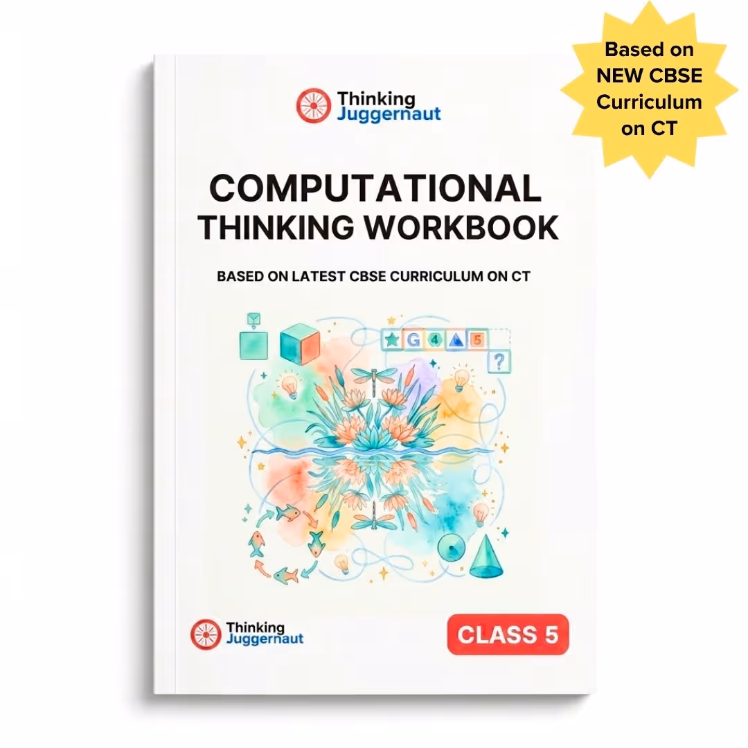 Cover of Class 5 Computational Thinking Workbook based on latest CBSE curriculum with floral and geometric illustrations.