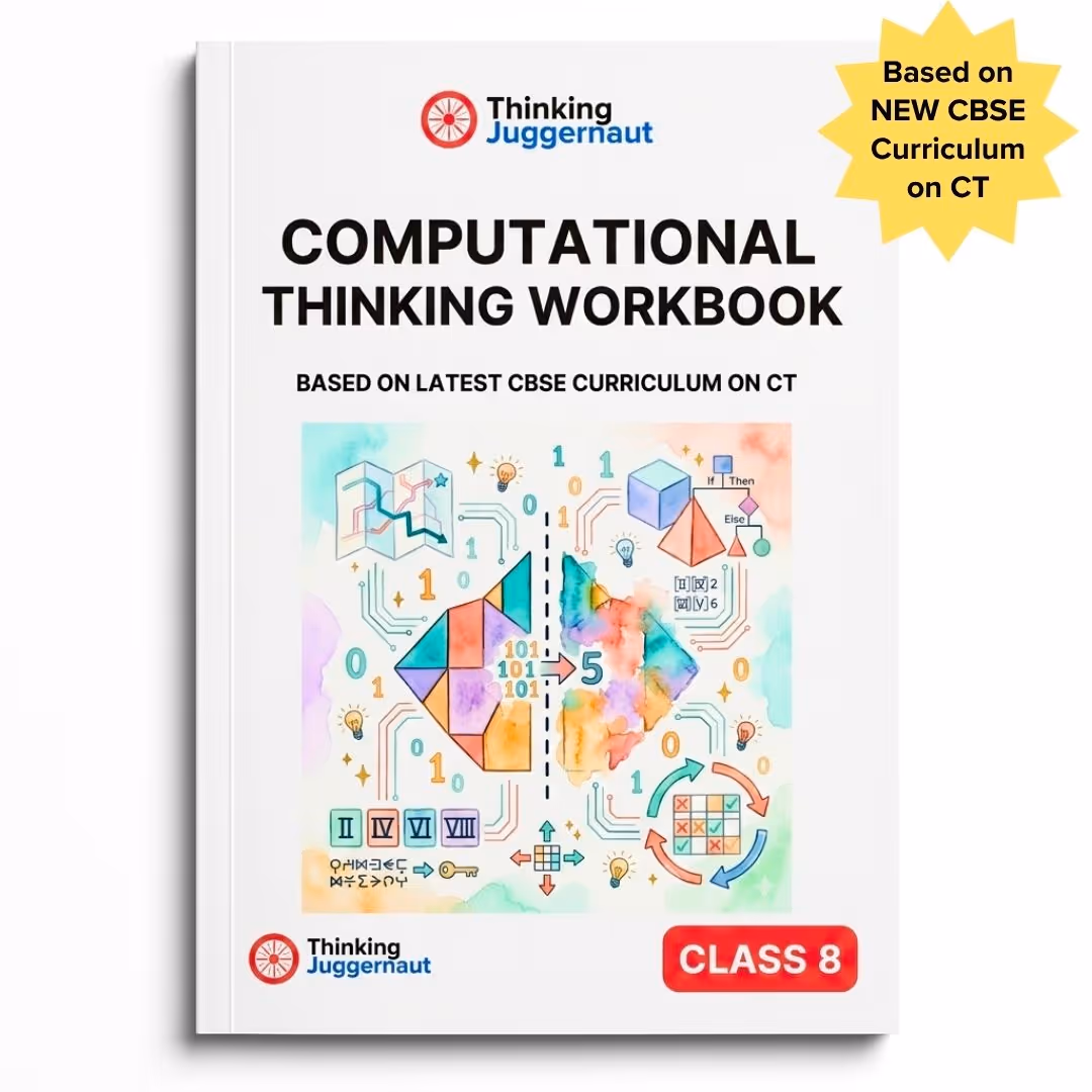 Cover of a Computational Thinking Workbook for Class 8 with colorful geometric shapes, binary numbers, flowchart symbols, and circuit lines on a white background with a green border.