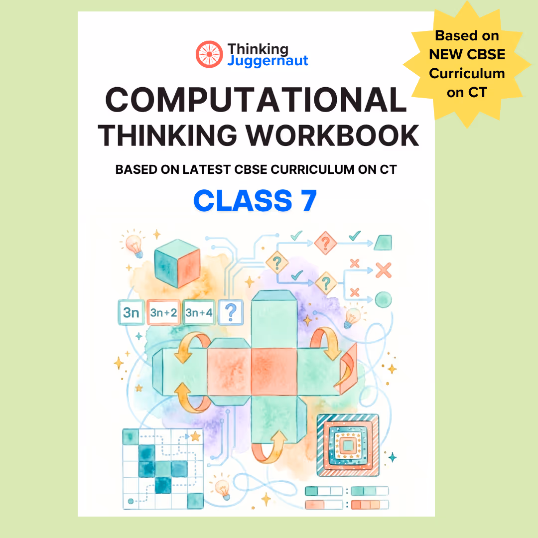 Cover of a Class 7 Computational Thinking workbook based on the latest CBSE curriculum, featuring colorful educational illustrations of cubes, arrows, and logic diagrams.