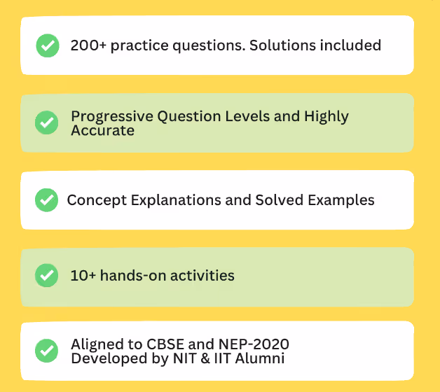 Checklist with green check marks highlighting: 200+ practice questions with solutions, progressive question levels, concept explanations, 10+ hands-on activities, aligned to CBSE and NEP-2020 by NIT and IIT alumni.
