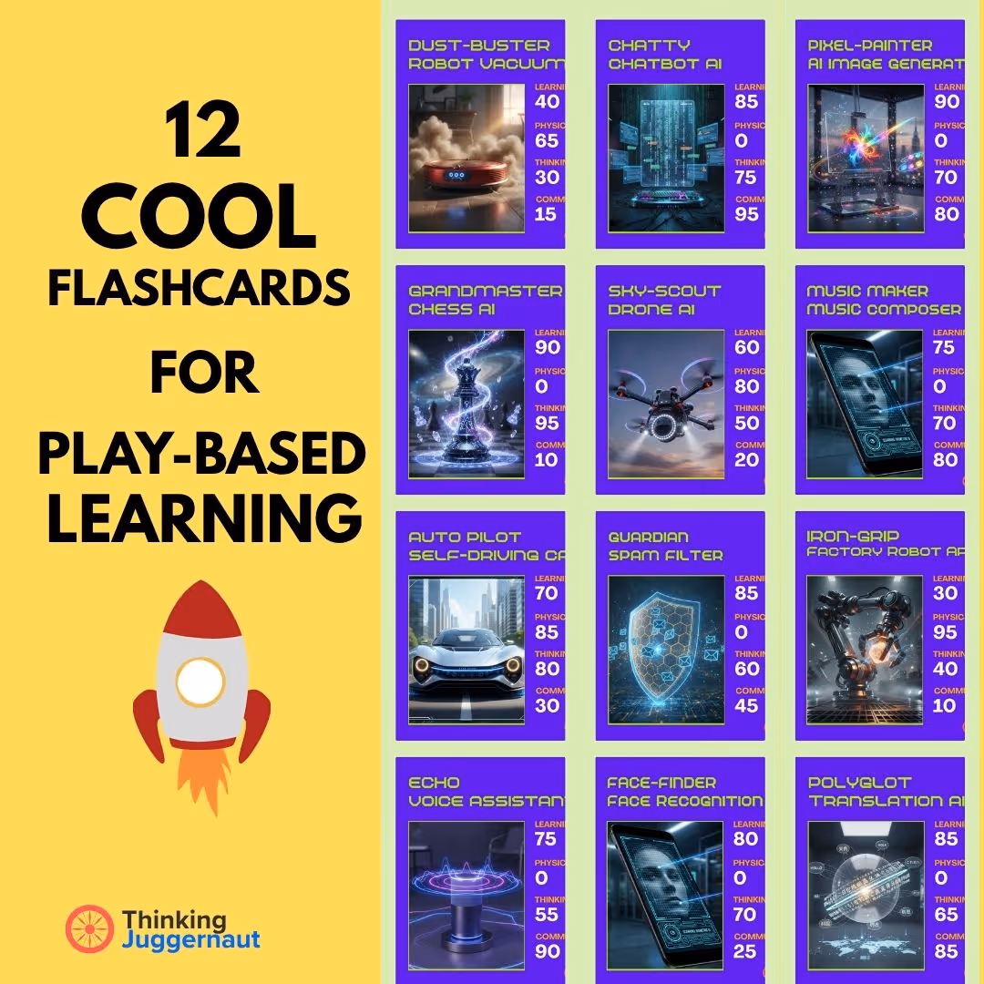 Twelve colorful AI-themed flashcards arranged in a grid with titles and skill ratings, beside text reading '12 Cool Flashcards for Play-Based Learning' and a rocket illustration.