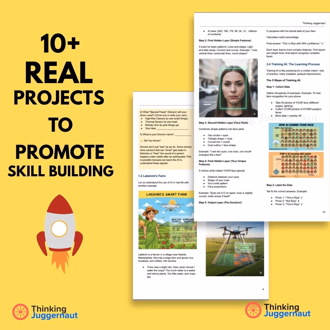 Promotion graphic showing text '10+ Real Projects to Promote Skill Building' with a rocket illustration and document pages featuring AI and drone project examples.