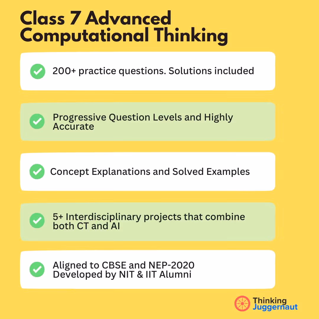 Class 7 Advanced Computational Thinking features: 200+ practice questions with solutions, progressive question levels, concept explanations, interdisciplinary CT and AI projects, aligned to CBSE and NEP-2020, developed by NIT & IIT alumni.