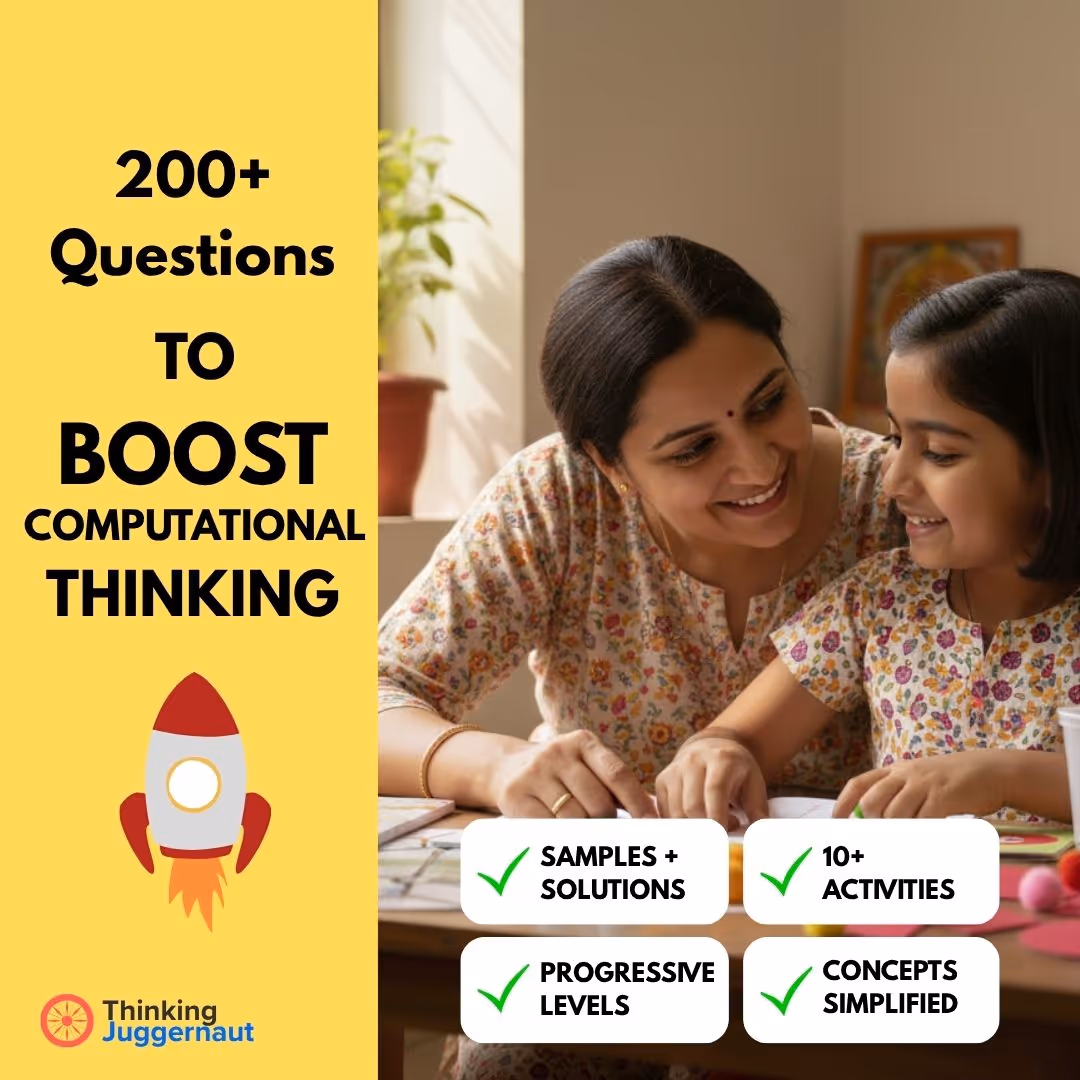 Smiling mother and daughter working together at a table with text promoting 200+ questions to boost computational thinking by Thinking Juggernaut, highlighting samples+solutions, 10+ activities, progressive levels, and simplified concepts.