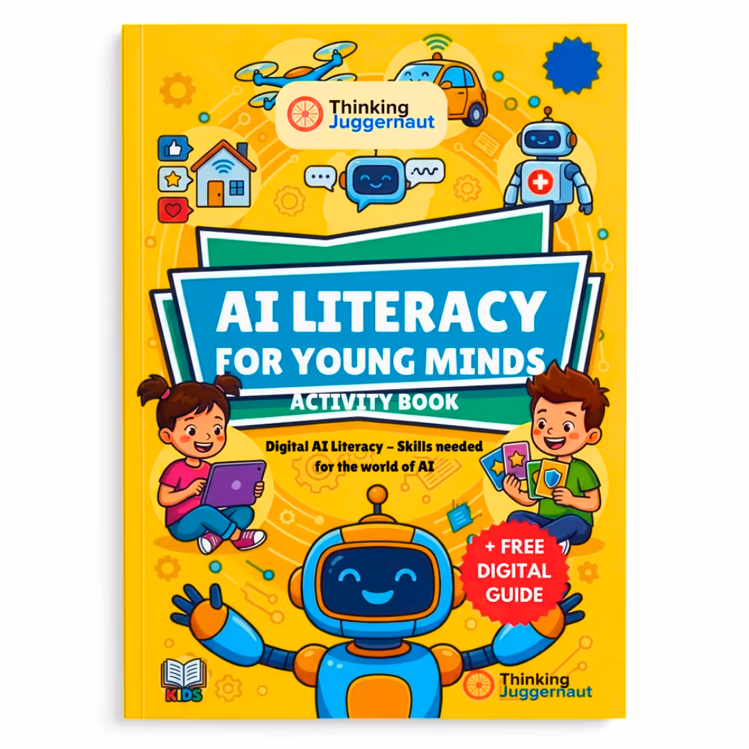 Cover of AI Literacy for Young Minds activity book featuring a friendly robot, two children with tablets and cards, and icons of drone, car, and house on a yellow background.