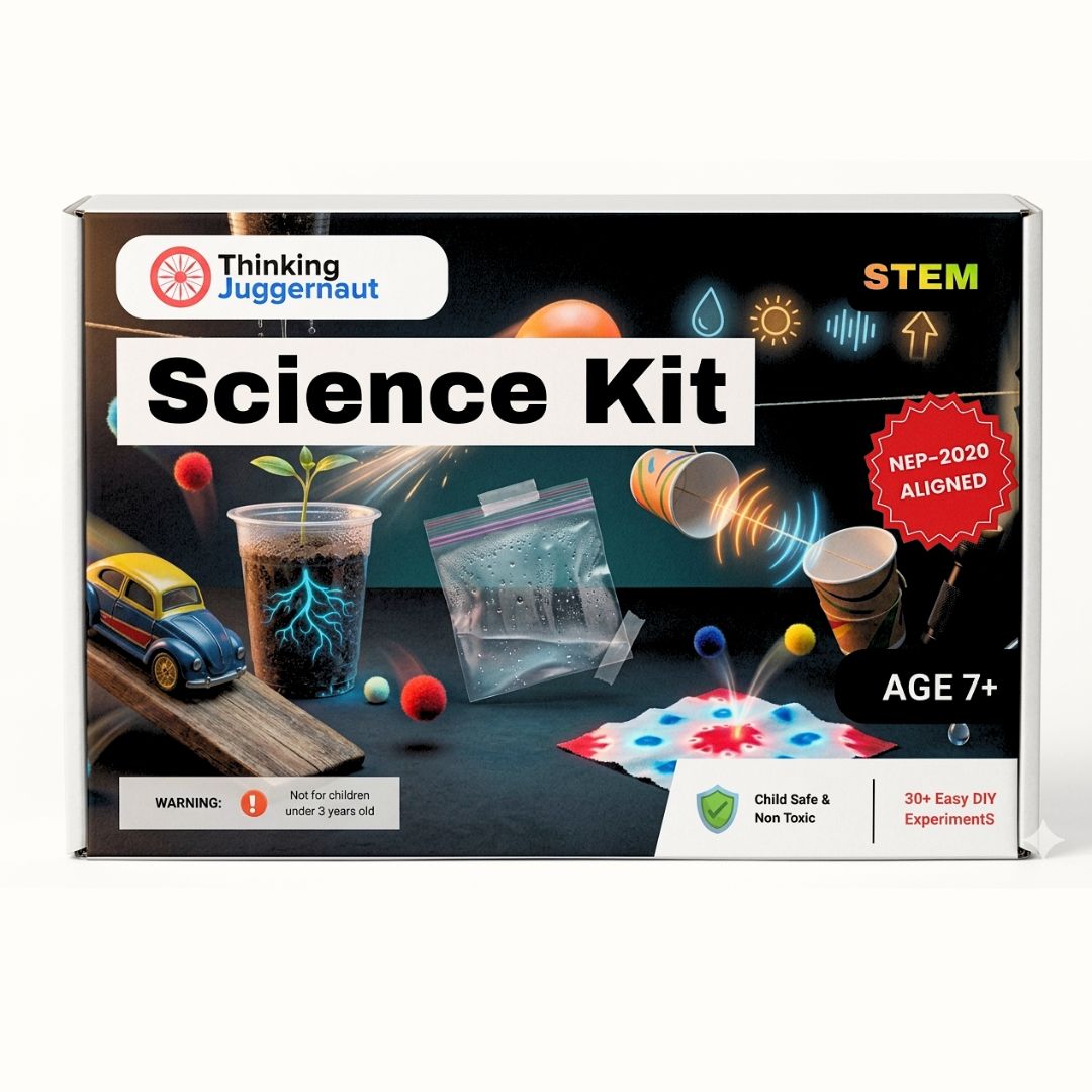 Thinking Juggernaut Science Kit box featuring images of a toy car, plant with roots, plastic bag with water, cups demonstrating a sound experiment, and a colorful chemical reaction on fabric, labeled for ages 7 and up and STEM learning.