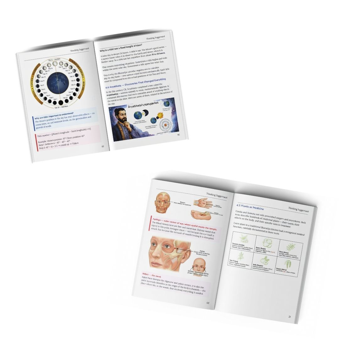 Open book pages featuring diagrams of lunar phases, Aryabhata's astronomical discoveries, facial anatomy illustrations, and a chart on medicinal plants.